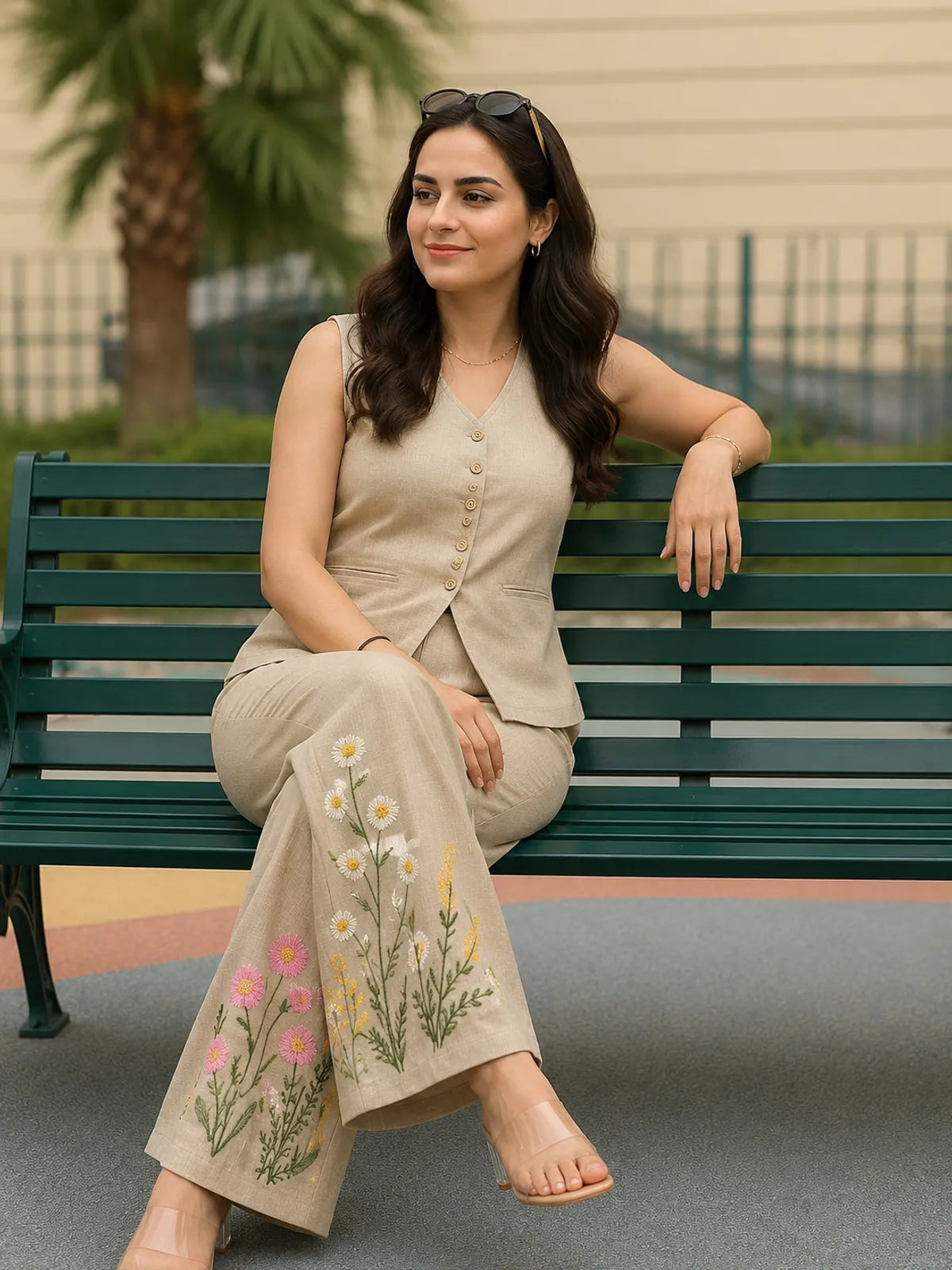 Premium cotton slub embroidered co-ord set with tailored silhouette and functional detailing