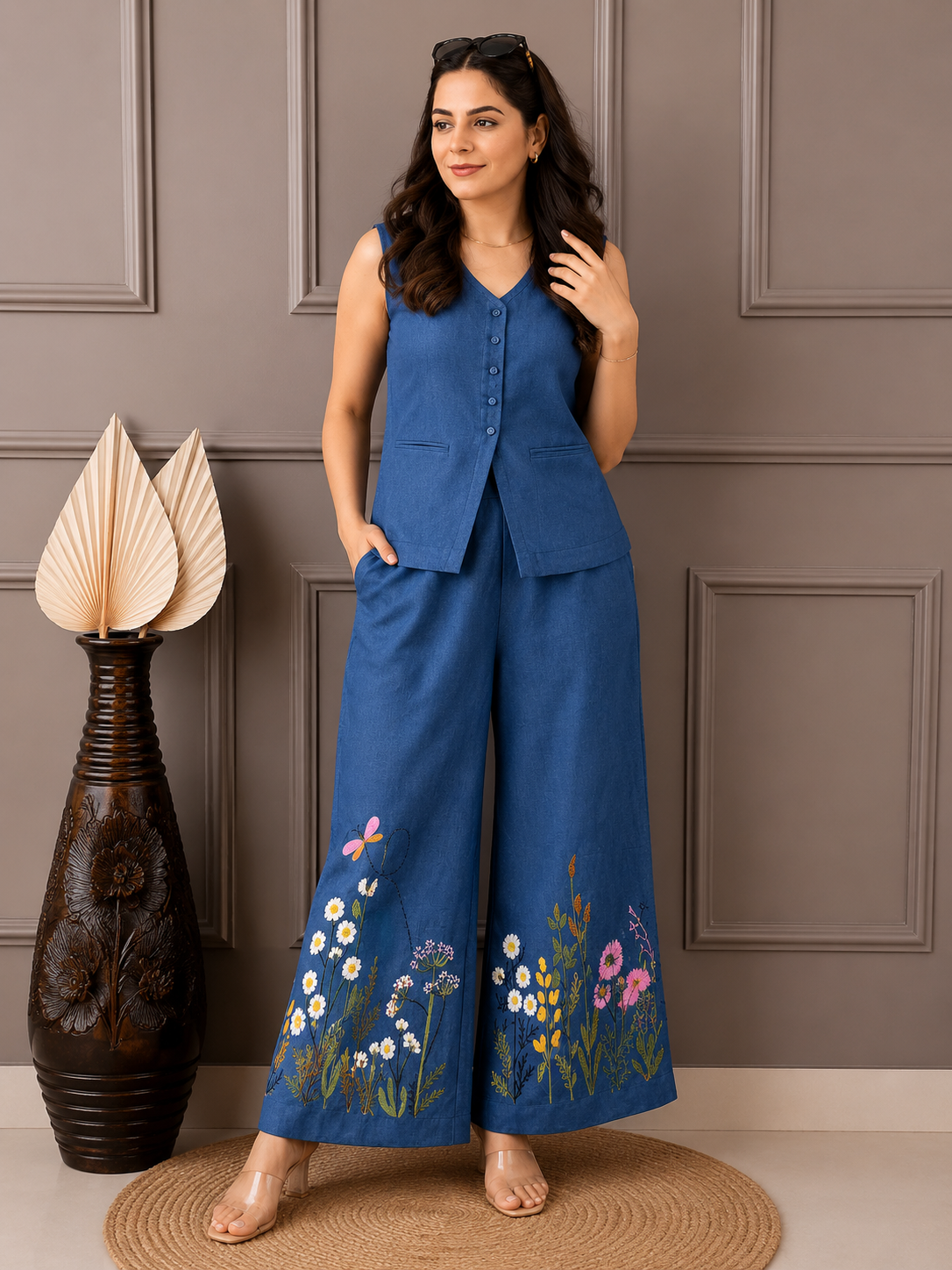 Premium cotton slub embroidered co-ord set with tailored silhouette and functional detailing