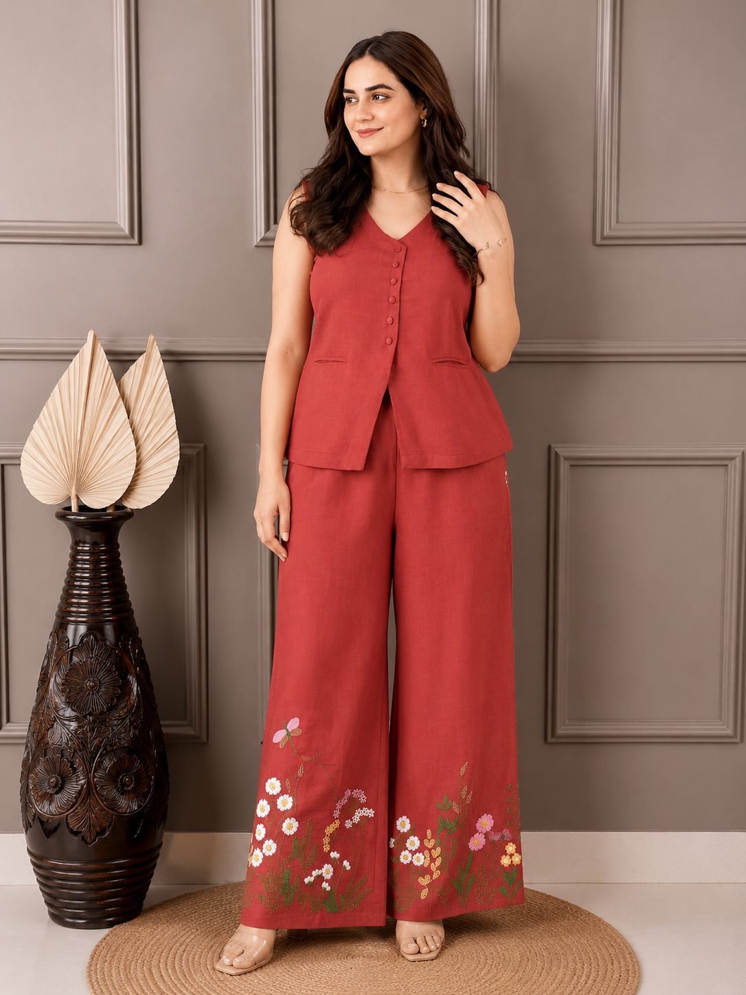 Premium cotton slub embroidered co-ord set with tailored silhouette and functional detailing