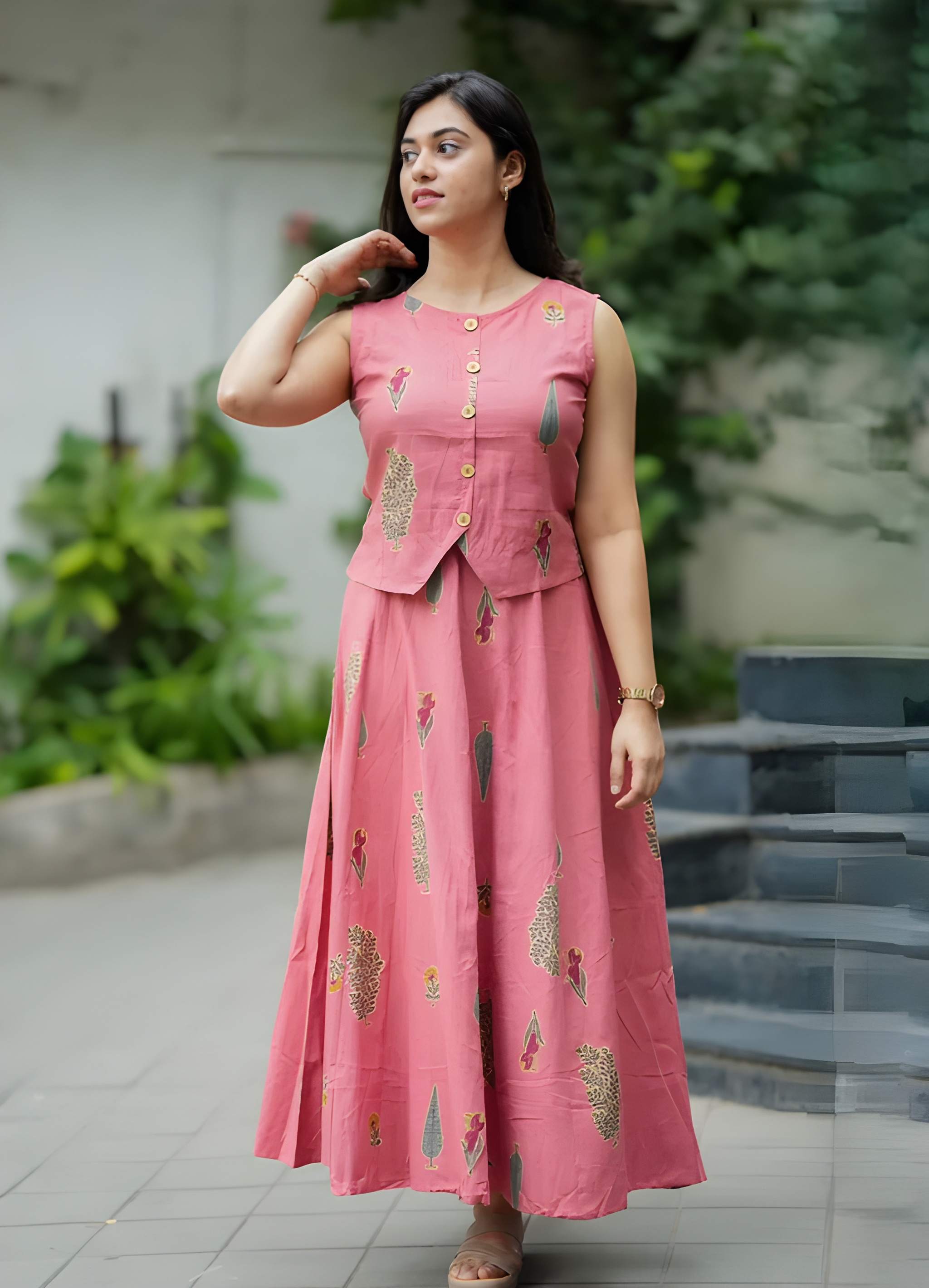 Women Cotton Printed Top And Skirt Set