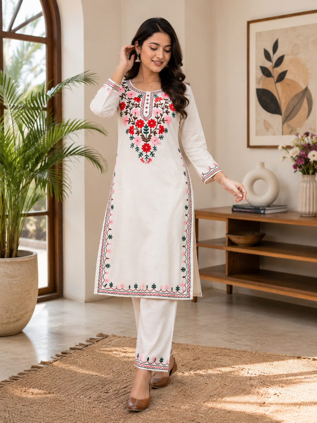 Women's Floral Aari Work Cotton Kurta Pant Set