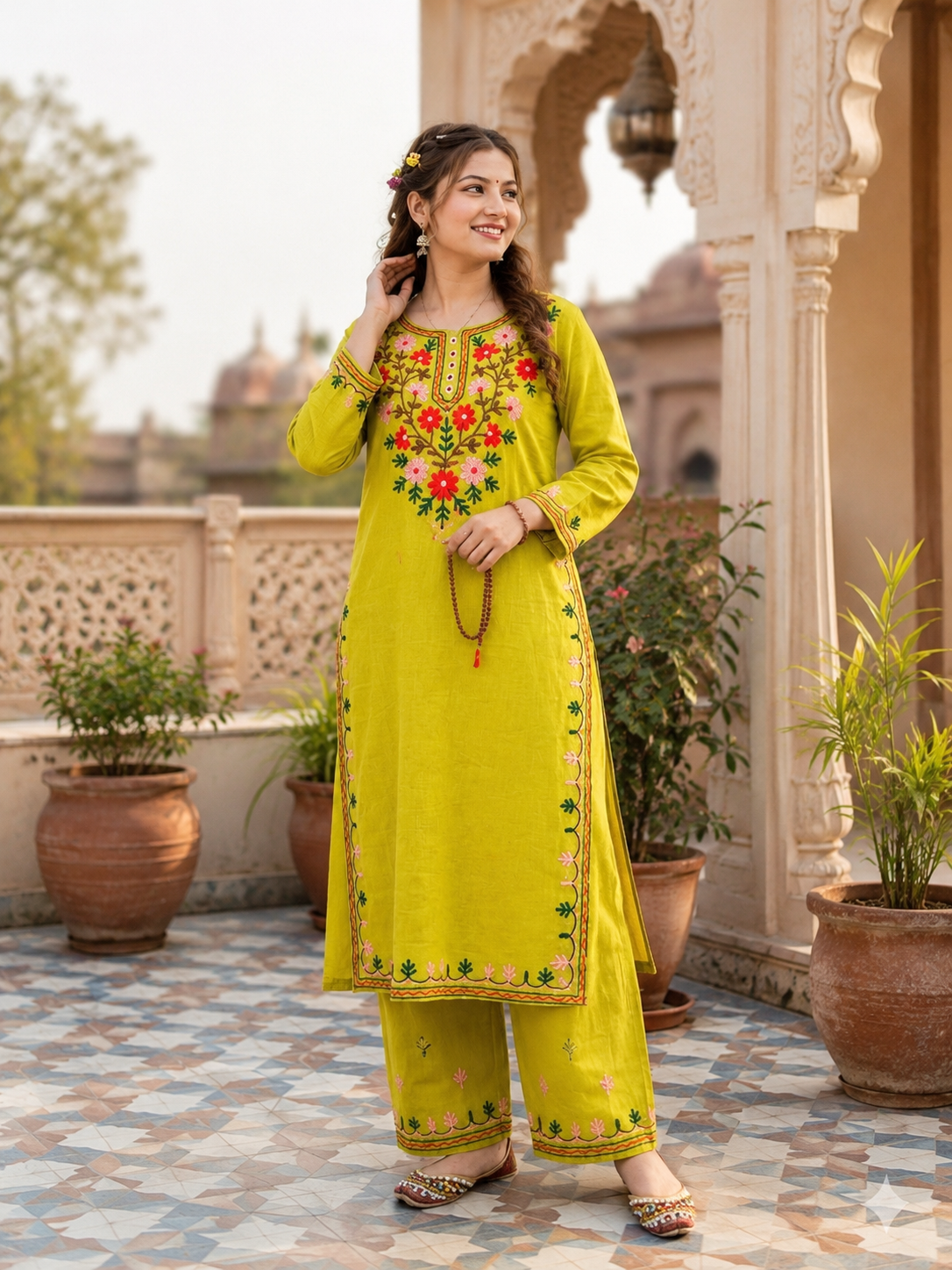 Women's Floral Aari Work Cotton Kurta Pant Set