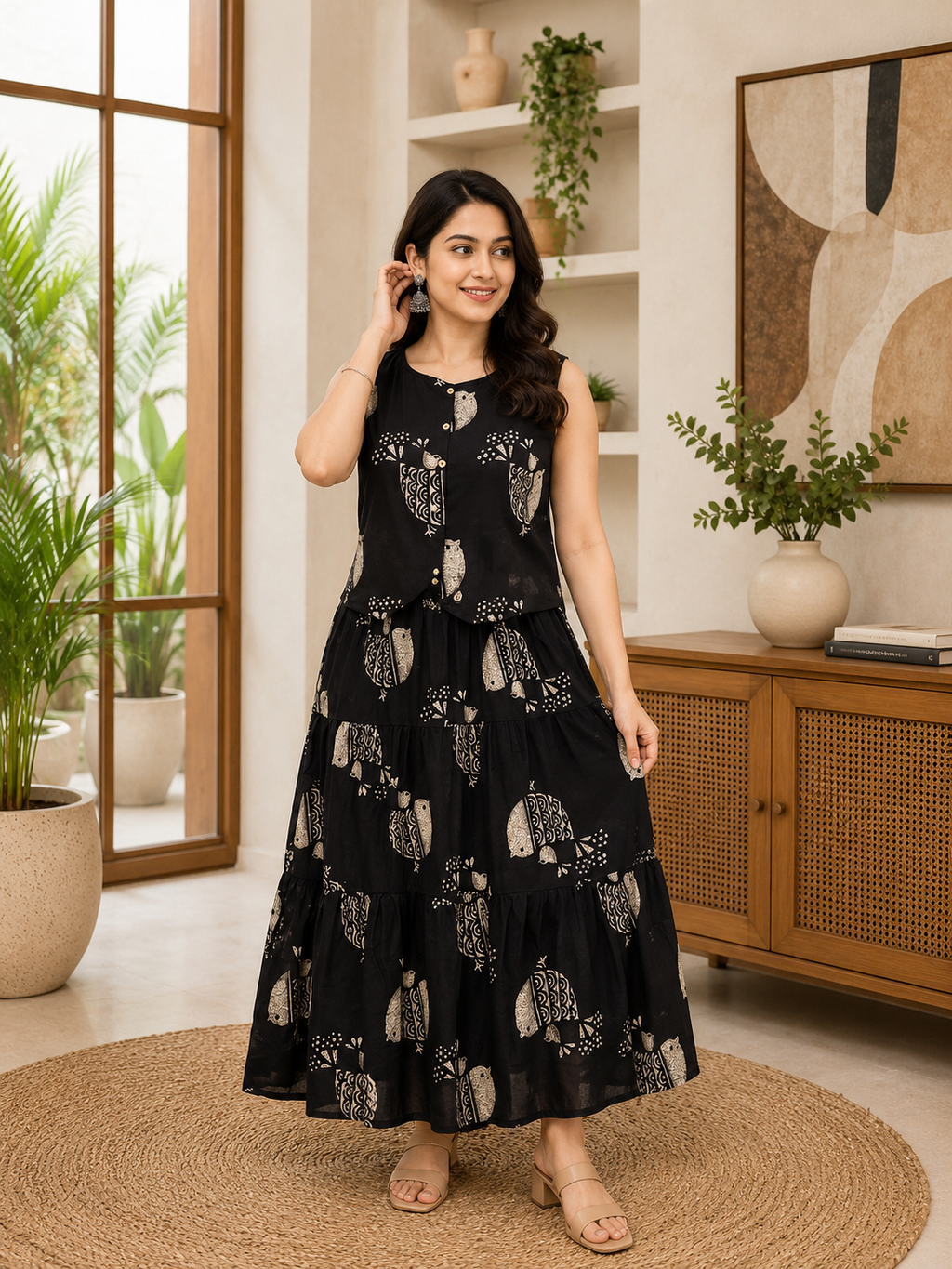 Women's Cotton Printed Sleeveless Top and Tiered Skirt Co-Ord Set