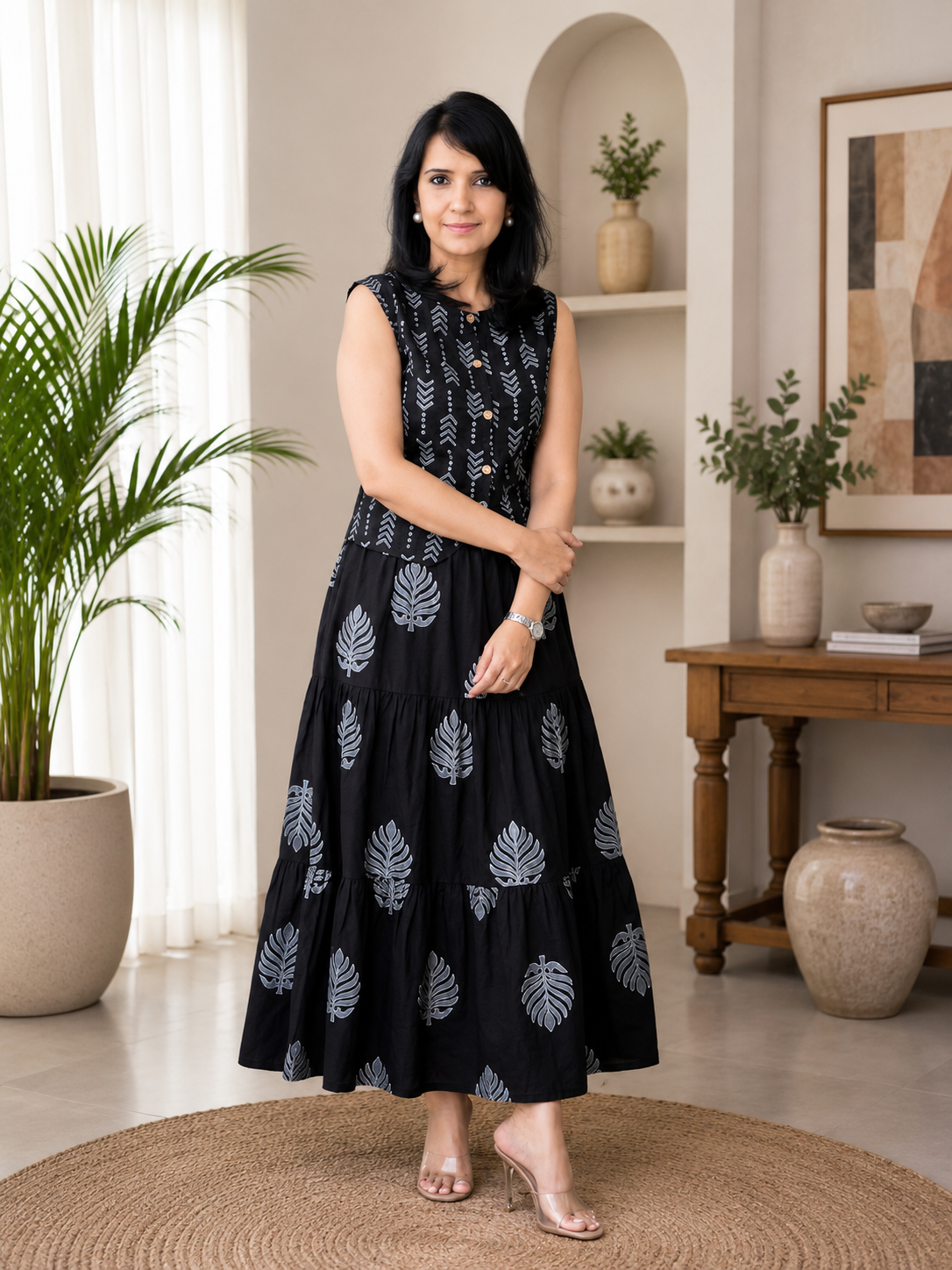 Women's Cotton Printed Sleeveless Top and Tiered Skirt Co-Ord Set