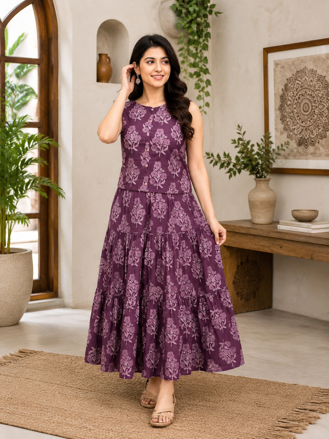 Women's Cotton Printed Sleeveless Top and Tiered Skirt Co-Ord Set