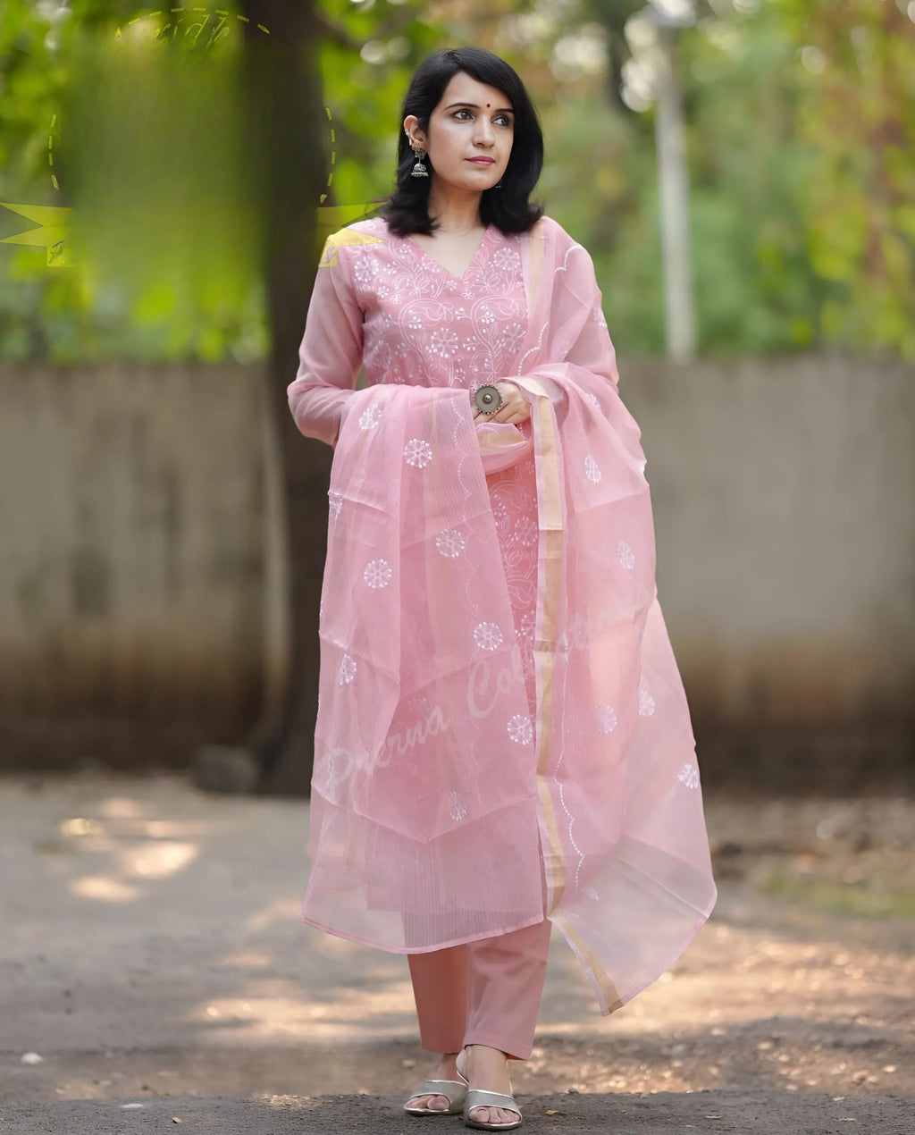 Pastel Color Kota Doriya Embroidered Kurti Pant & Dupatta Set