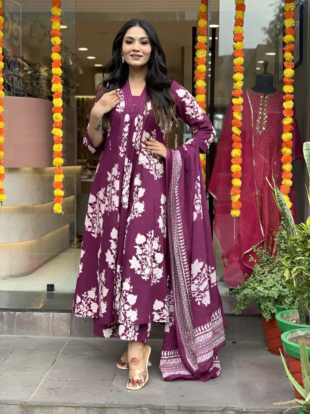 Wine Beautiful Blue Printed Cotton Anarkali Kurti With Palazzo And Dupatta
