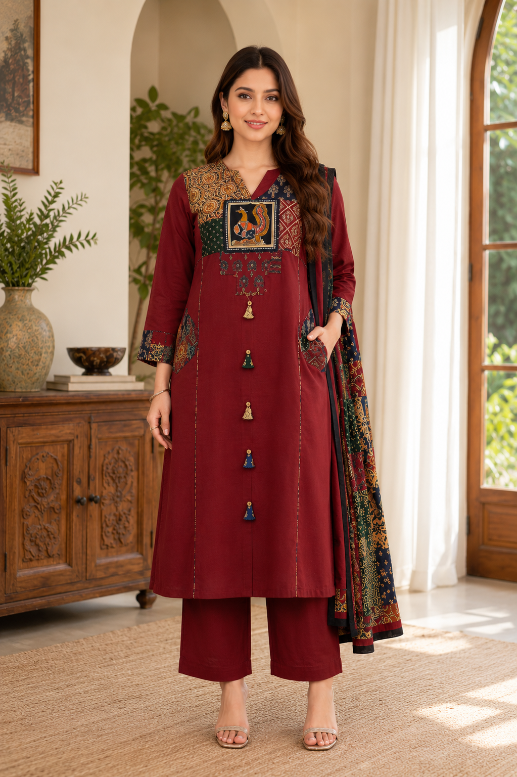 Women's Applique Work Cotton Kurta Pant & Printed Dupatta Ethnic Set