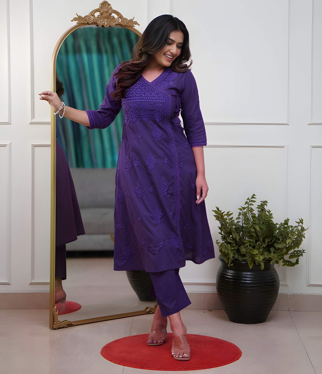 Women Chikankari Cotton Angrakha Kurta Pant Set