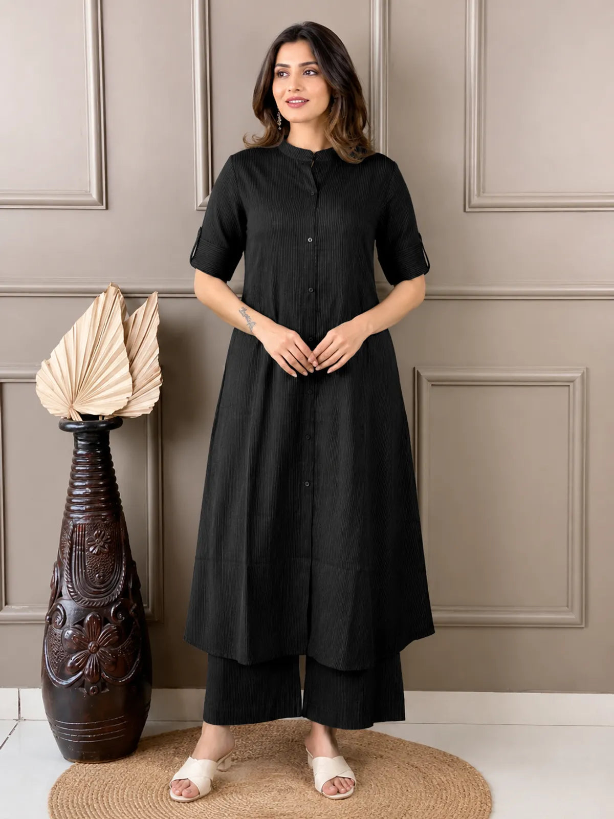Women's A-Line Cotton Kurti Palazzo Set with Katha Work