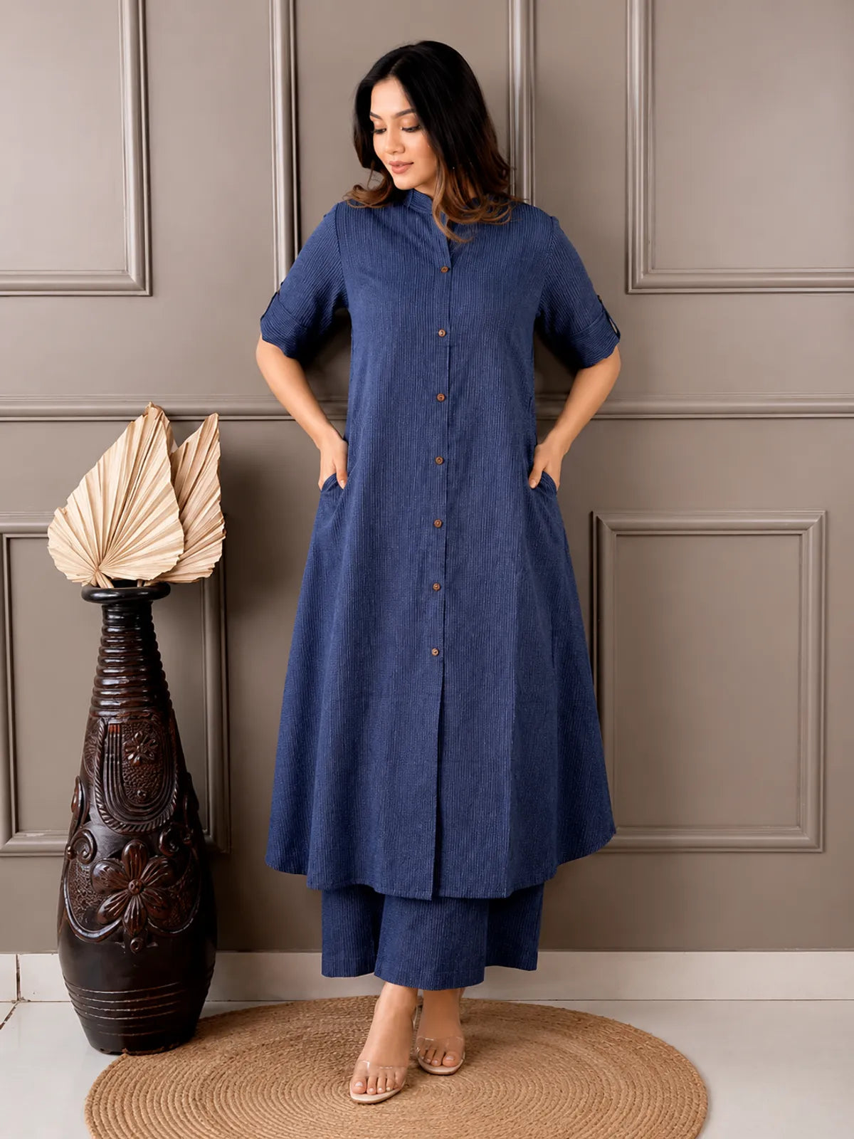 Women's A-Line Cotton Kurti Palazzo Set with Katha Work