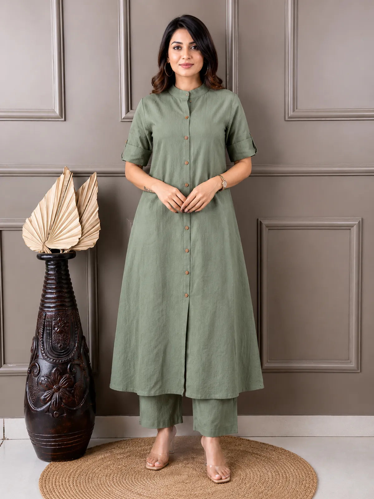Women's A-Line Cotton Kurti Palazzo Set with Katha Work