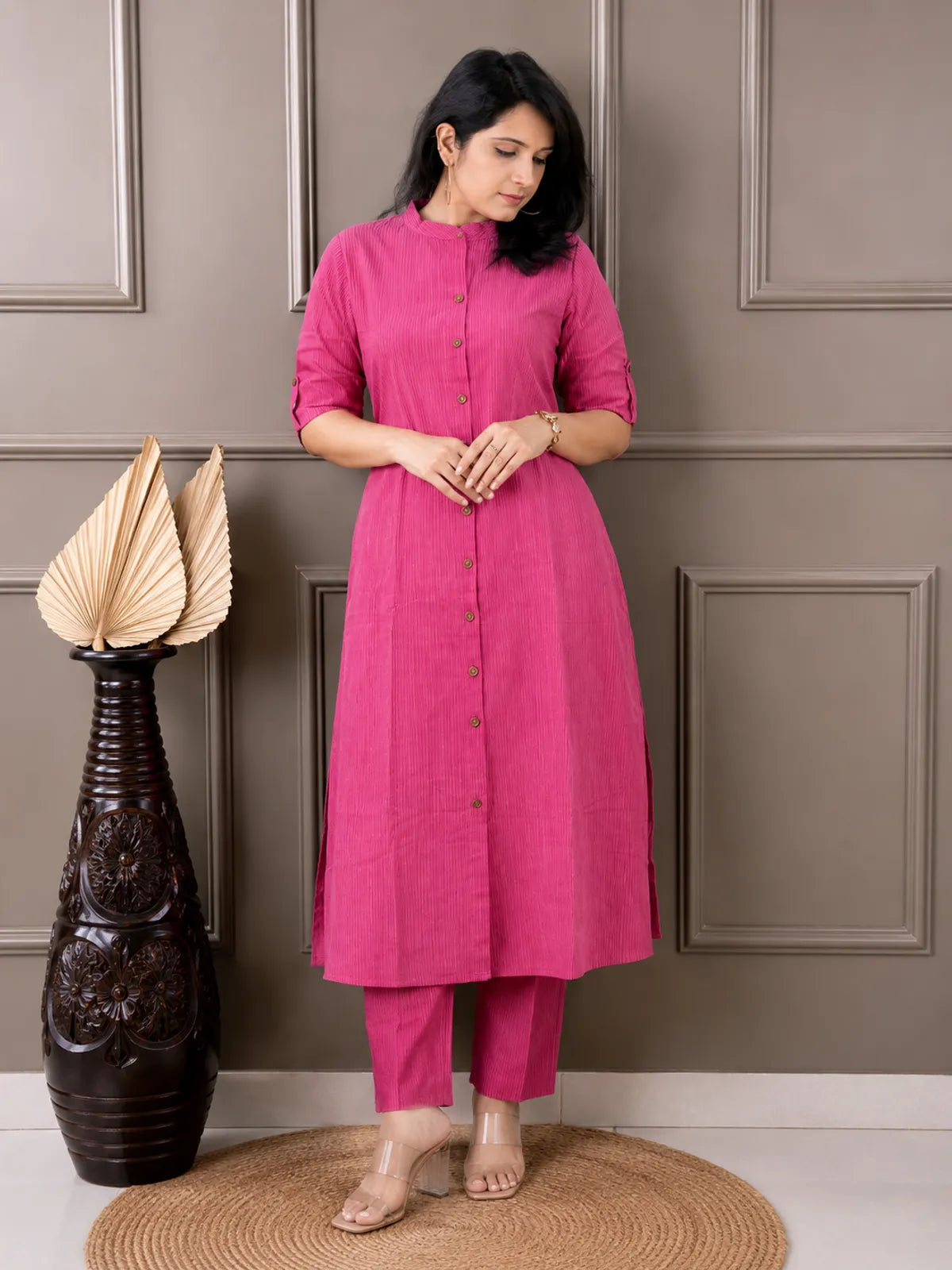 Women's A-Line Cotton Kurti Palazzo Set with Katha Work