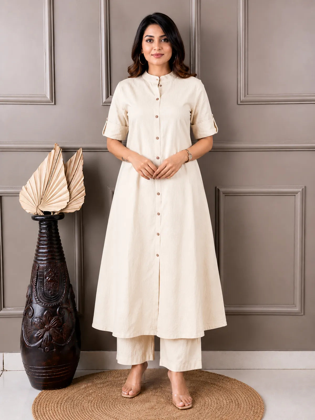 Women's A-Line Cotton Kurti Palazzo Set with Katha Work