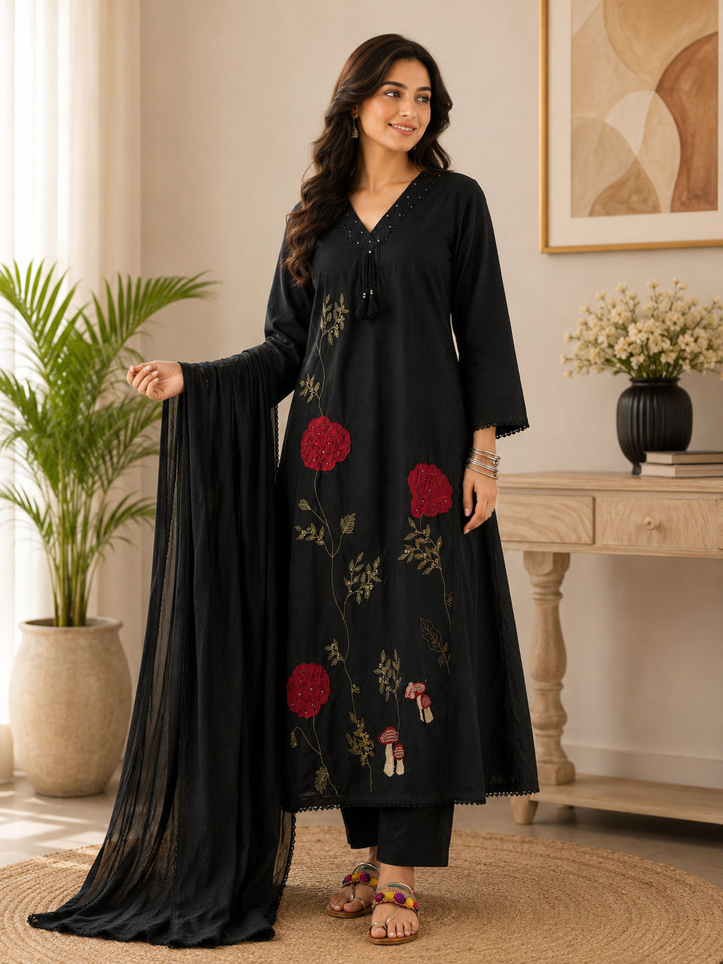 Premium Women's Cotton Embroidered A-Line Kurta Pant & Mulmul Dupatta Set