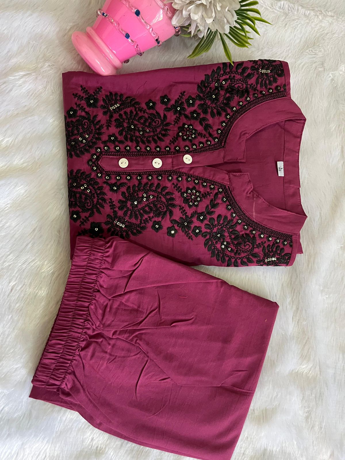 Embroidered Pure Cotton Kurti with Afghani Pant – Wine Set