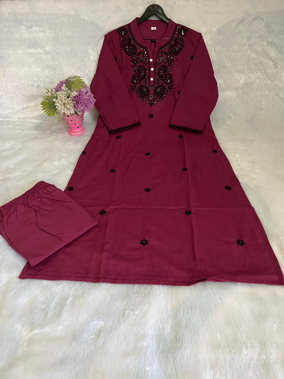 Embroidered Pure Cotton Kurti with Afghani Pant – Wine Set