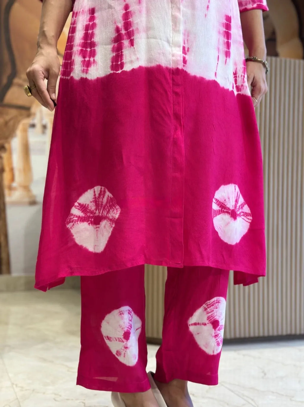 Premium Tie-dye Cotton Kurti Pant Set - Pink