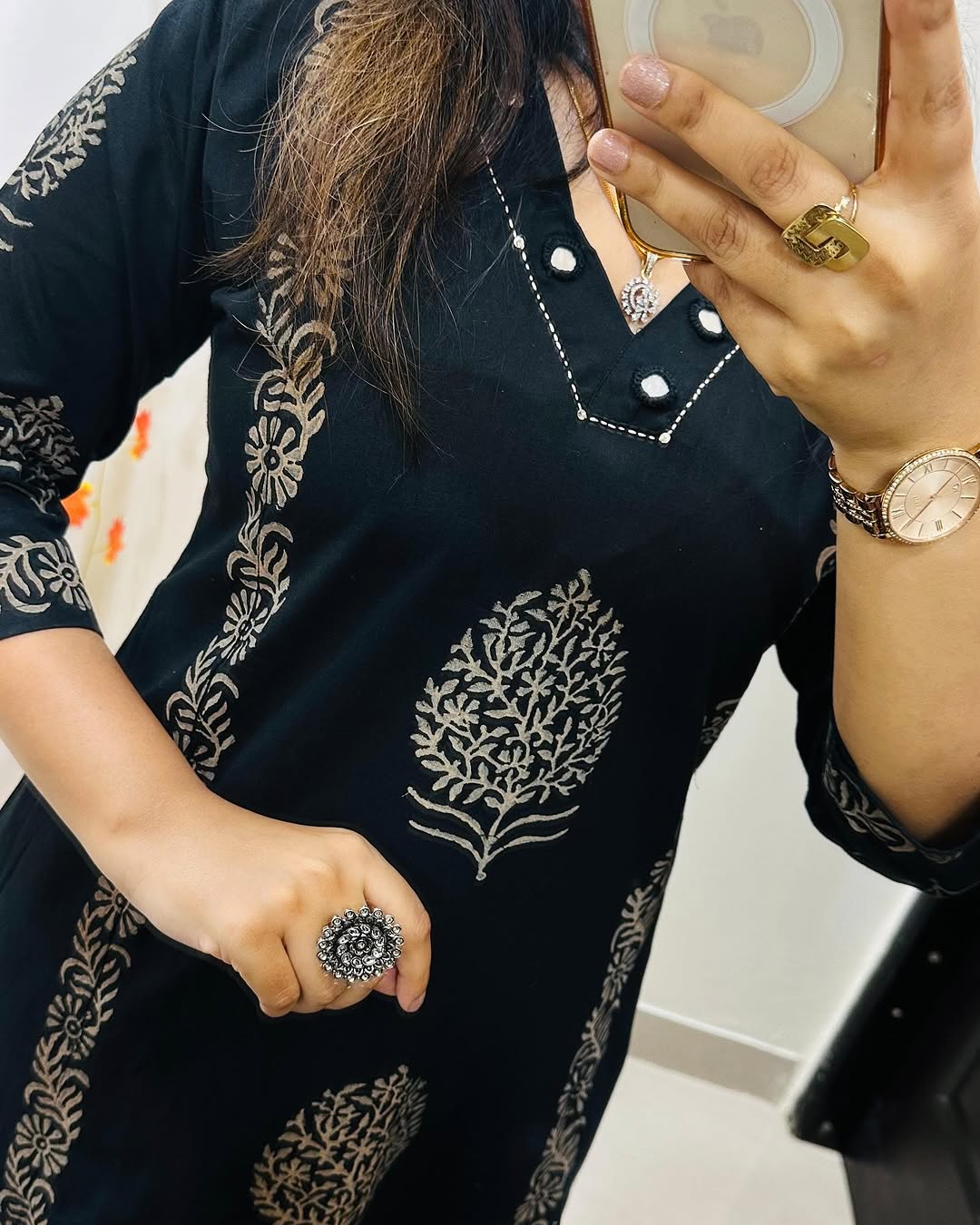Designer Cotton Kurti Pant Set with Hand Block Print and Mirror Detailing — Elegant Two-Piece Ensemble for Festive and Everyday Wear