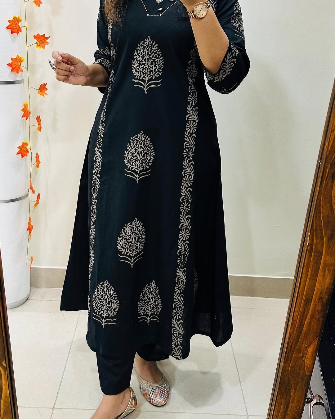Designer Cotton Kurti Pant Set with Hand Block Print and Mirror Detailing — Elegant Two-Piece Ensemble for Festive and Everyday Wear