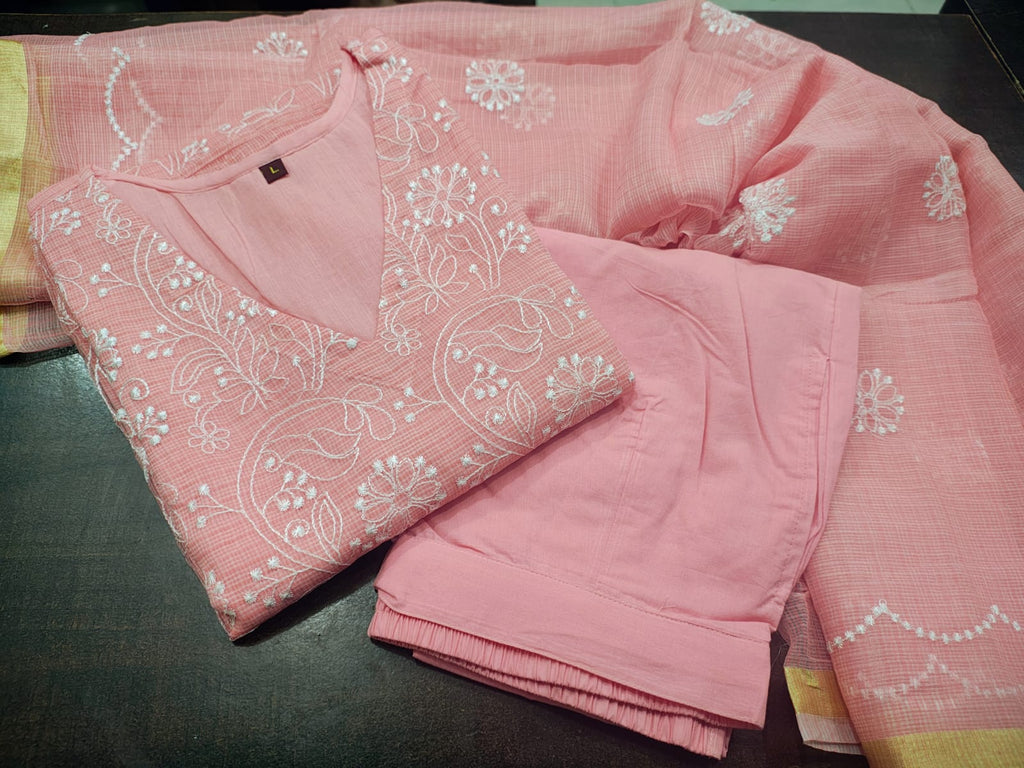 Pastel Color Kota Doriya Embroidered Kurti Pant & Dupatta Set