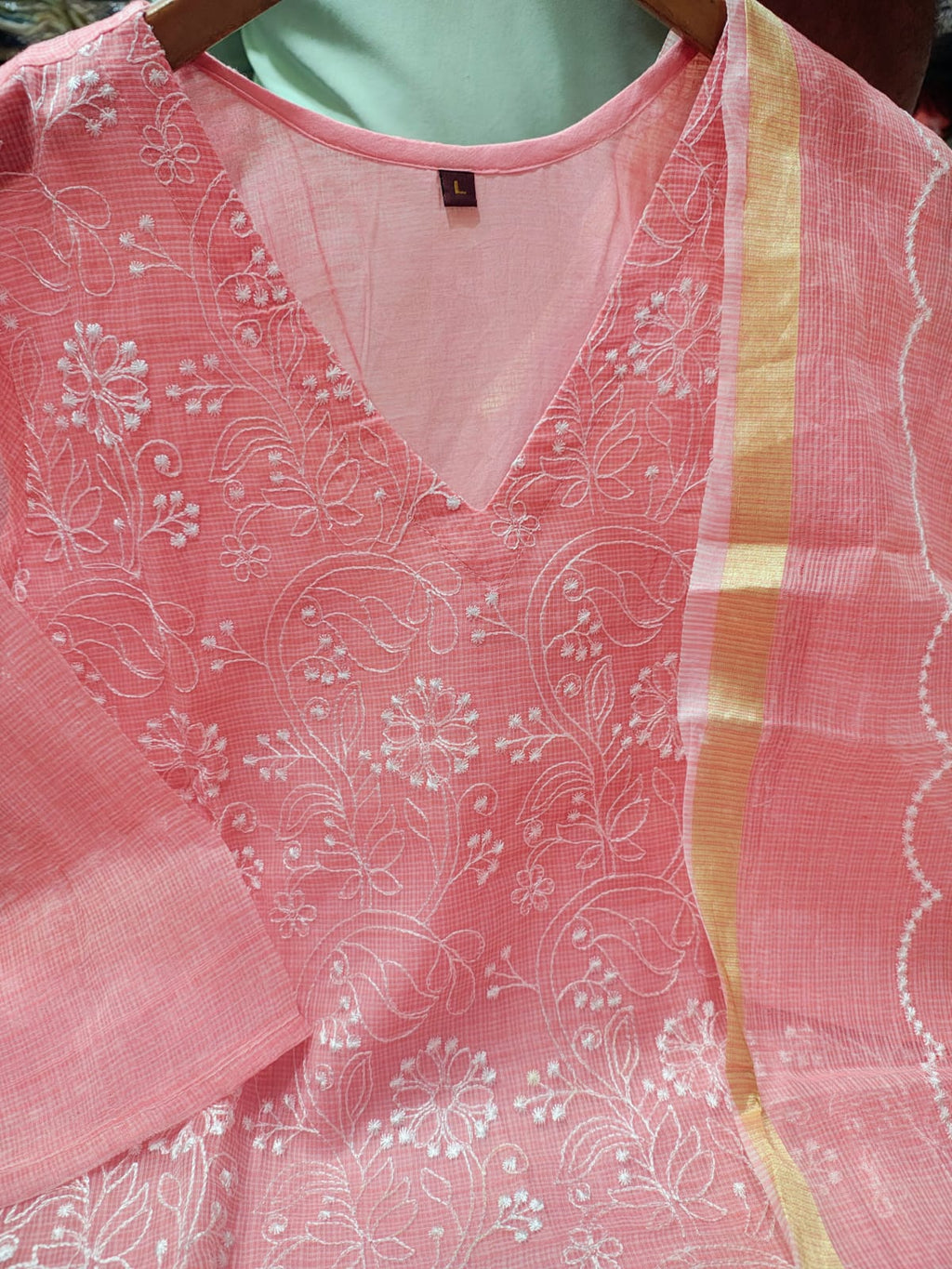 Pastel Color Kota Doriya Embroidered Kurti Pant & Dupatta Set