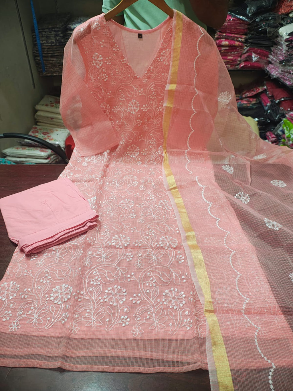 Pastel Color Kota Doriya Embroidered Kurti Pant & Dupatta Set