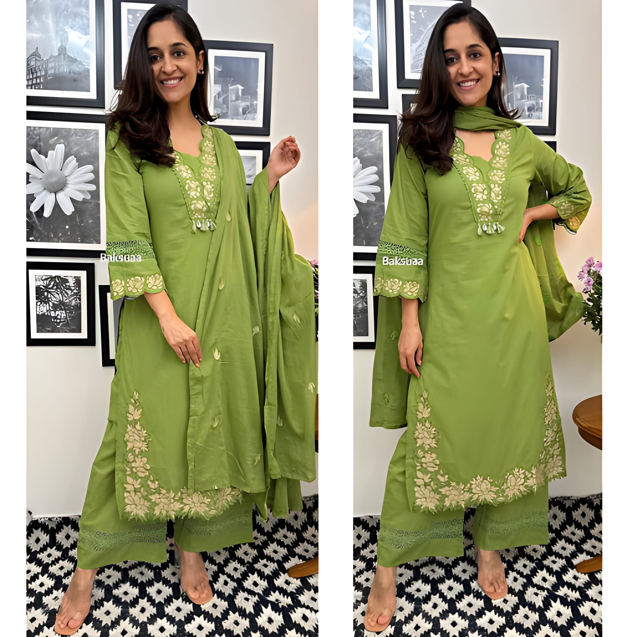 Designer Cotton Embroidered Kurta Set with Dupatta – Leaf Green