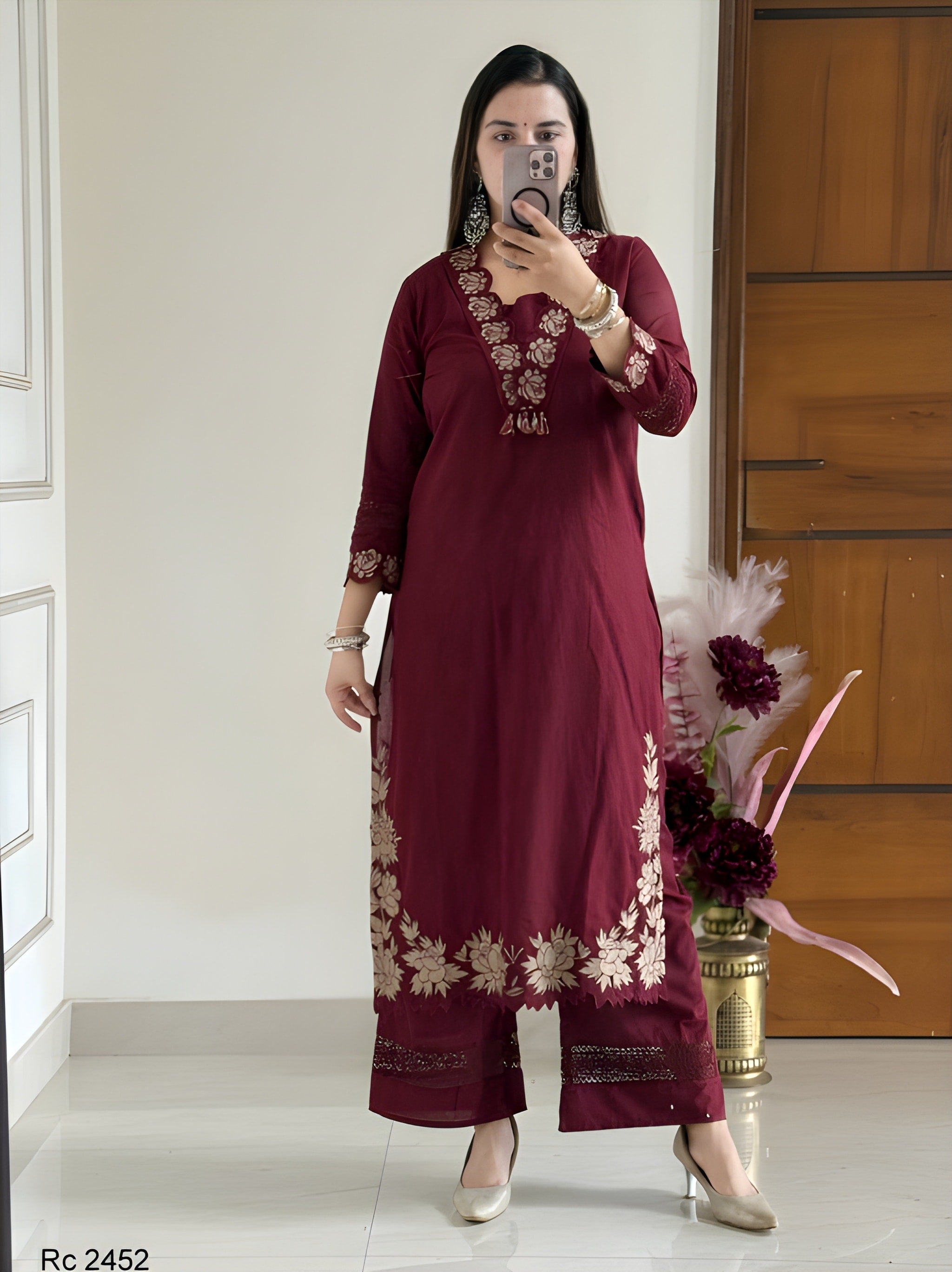 Designer Cotton Embroidered Kurta Set with Dupatta – Red