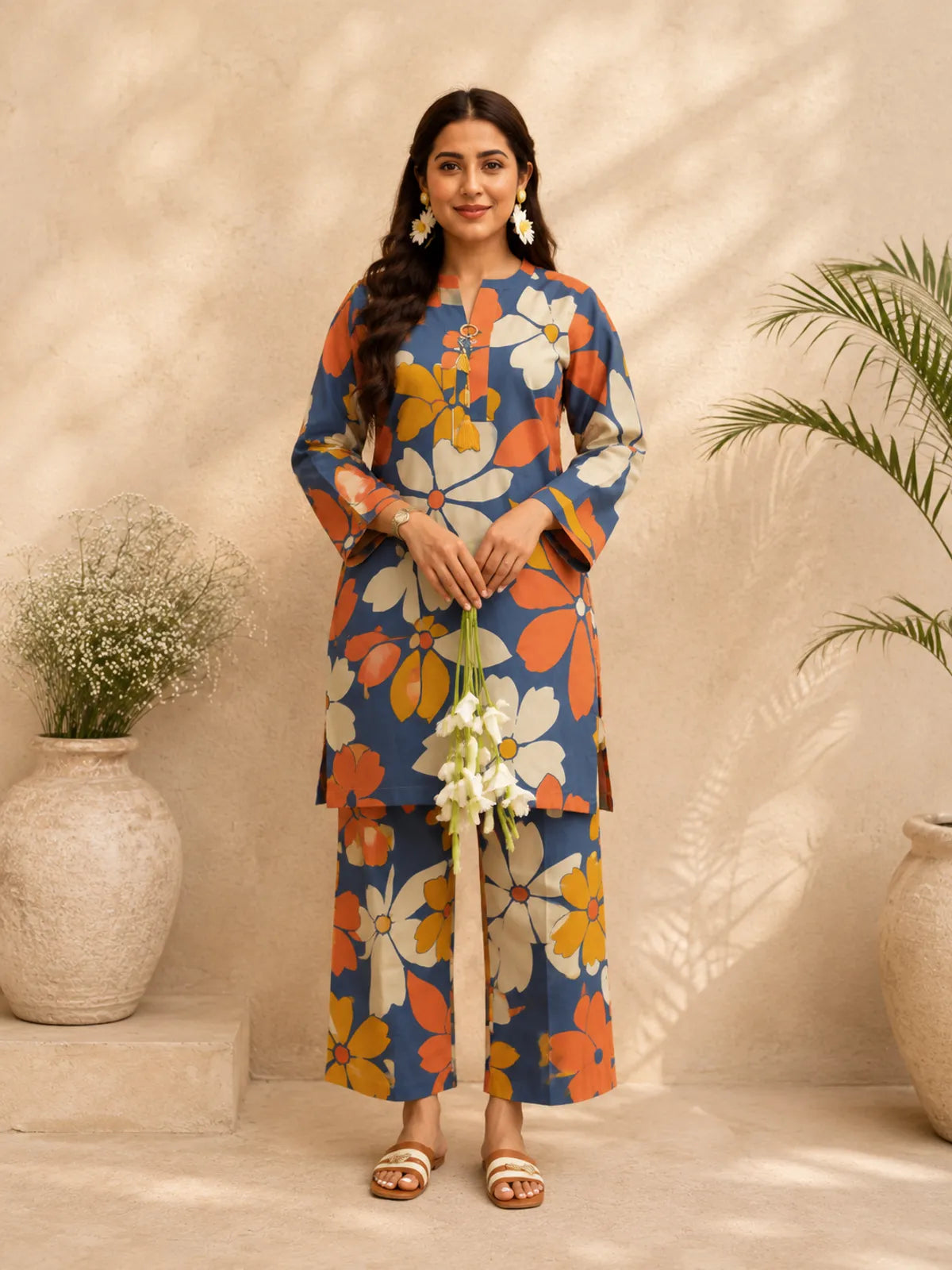 Women's Floral Printed Cotton Kurti and Palazzo Co-Ord Set