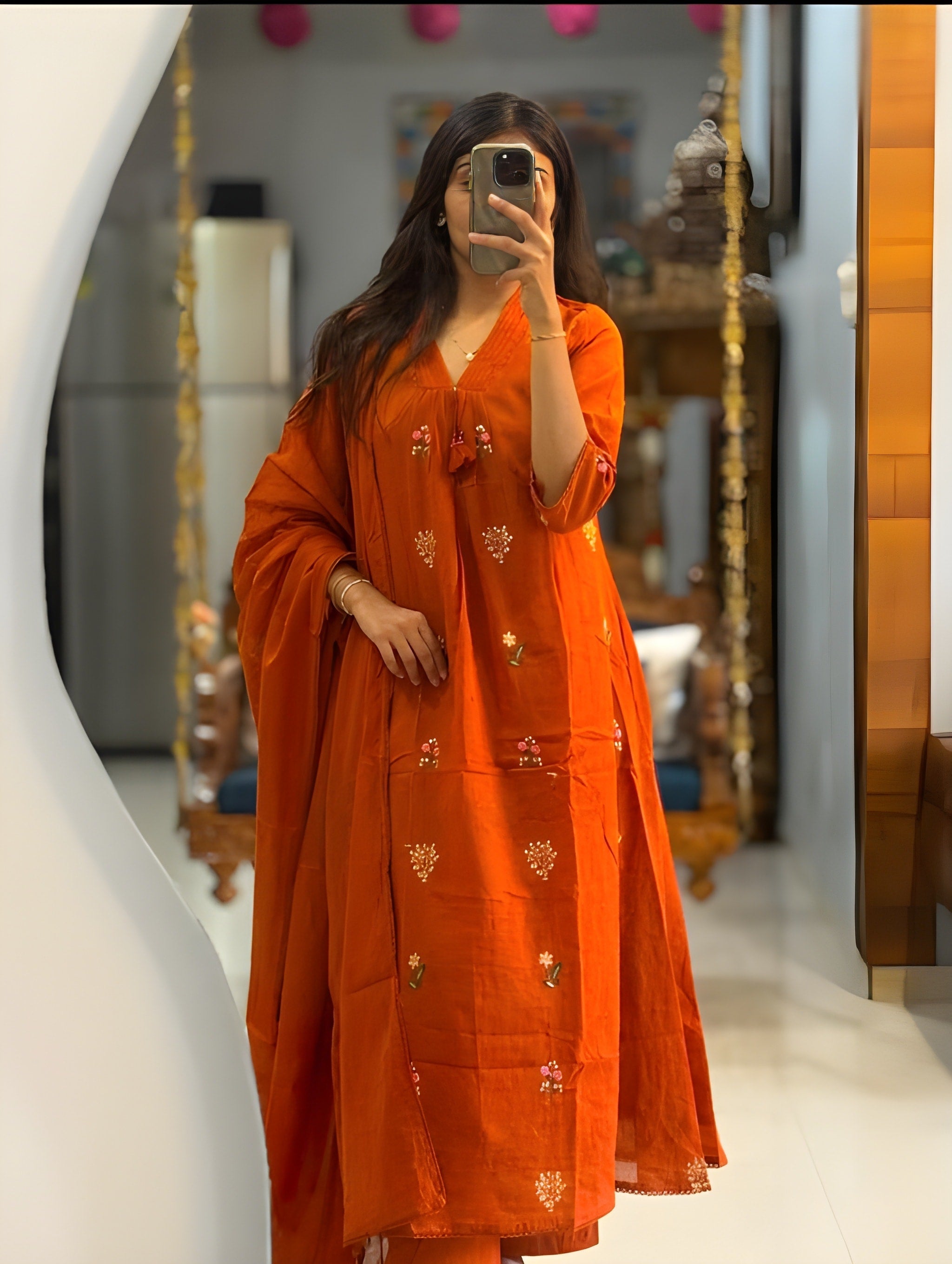 Exquisite Embroidered A-Line Kurta Set with Dupatta — Elegant Three-Piece Ensemble in Cotton 60×60 Fabric