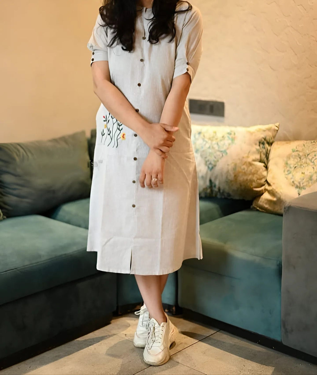 Off White Stylish Handloom Khadi Cotton Gown For Women