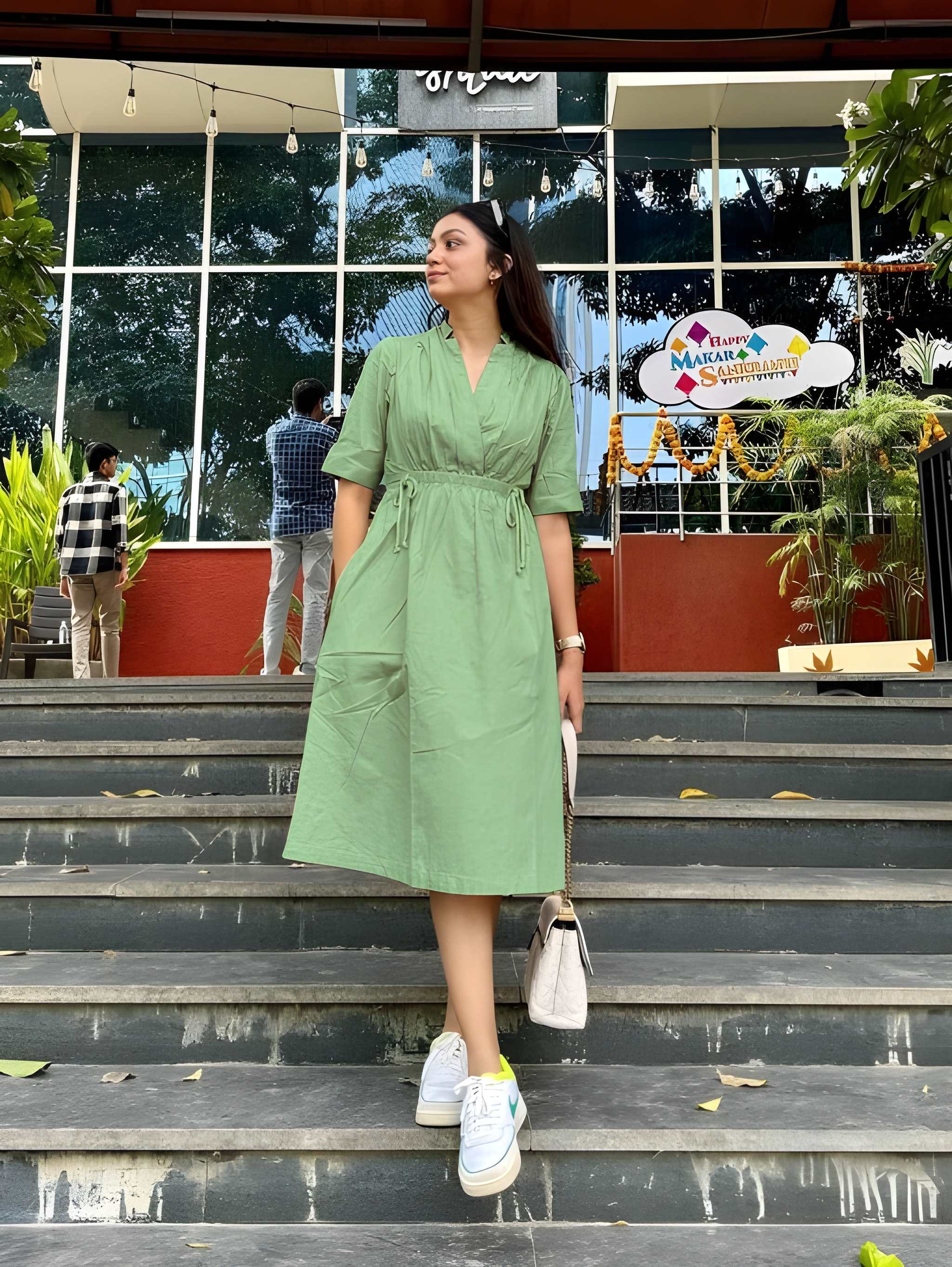 Sage Green Dress Vibrant Colors & Dori Tassel Detail