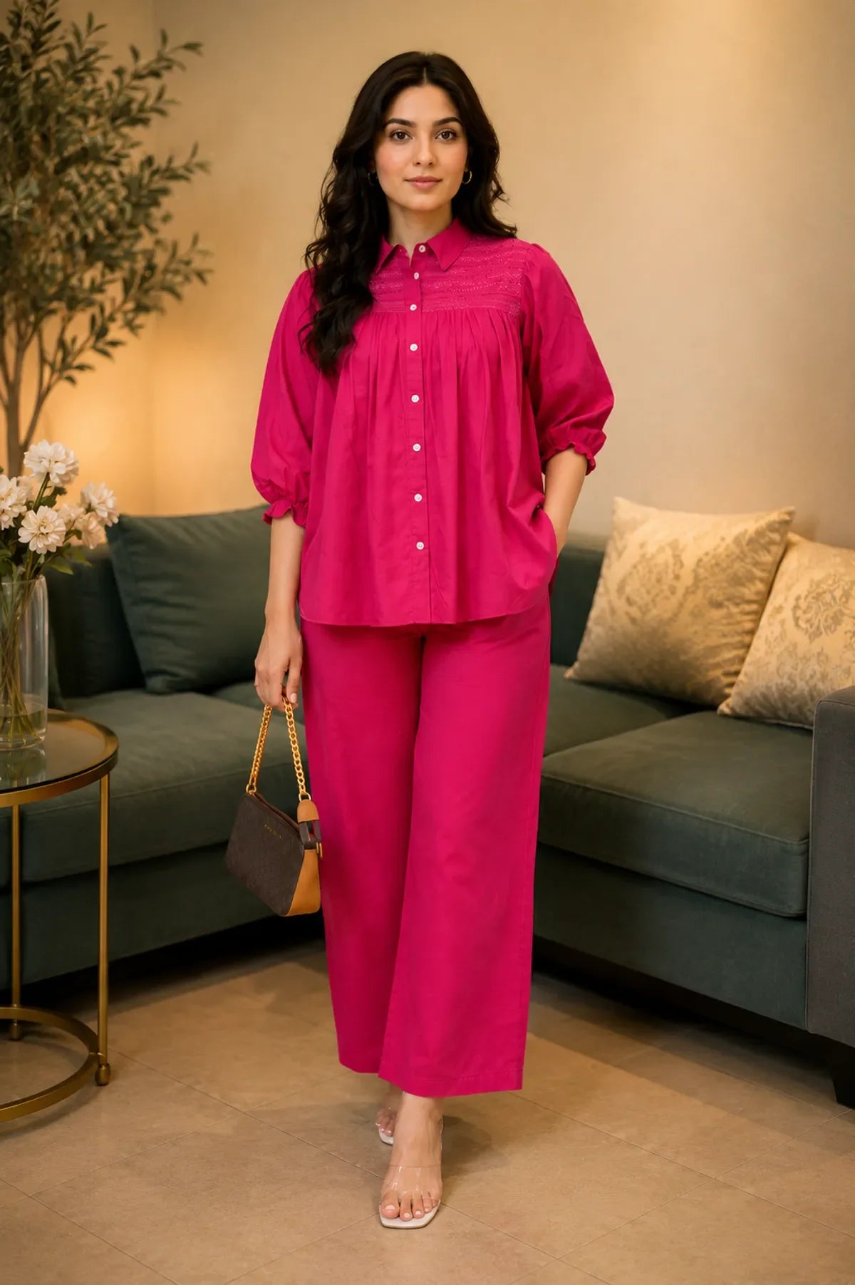 Hot Pink cotton co-ord set with intricate embroidery detailing and contemporary comfort