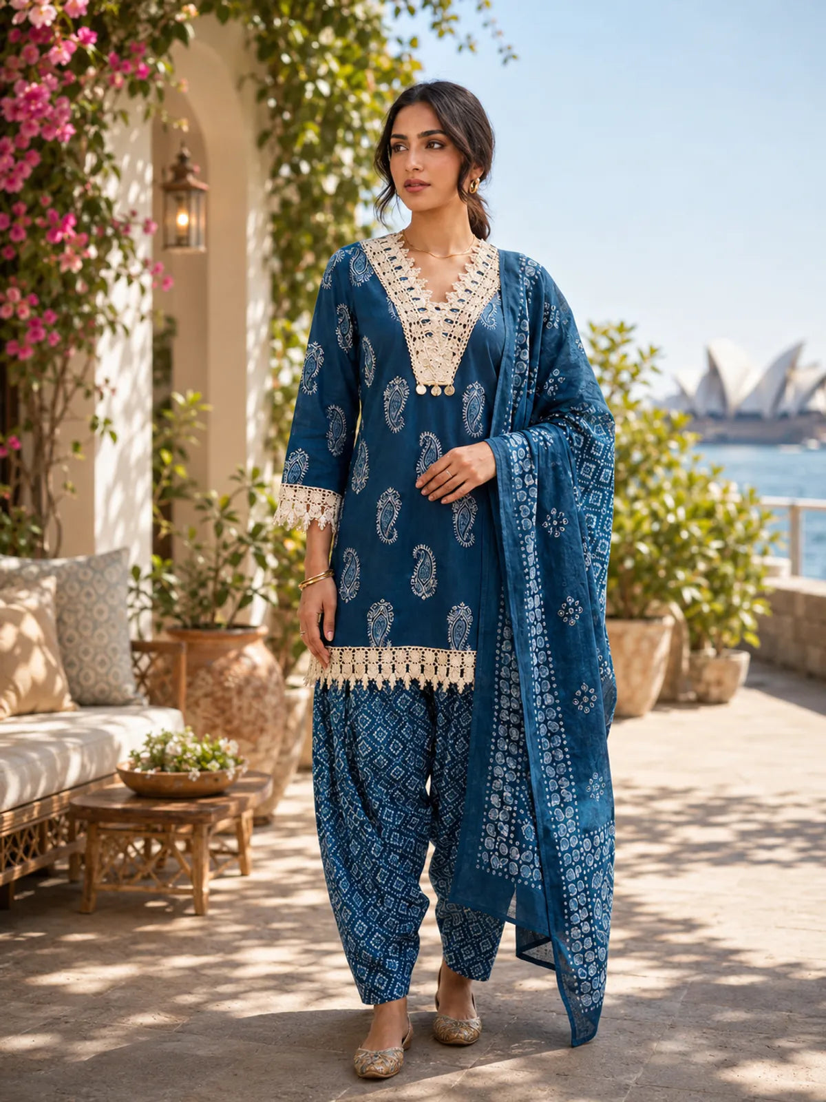 Premium Cotton Kurta Palazzo Set with Dupatta and Lace Detailing