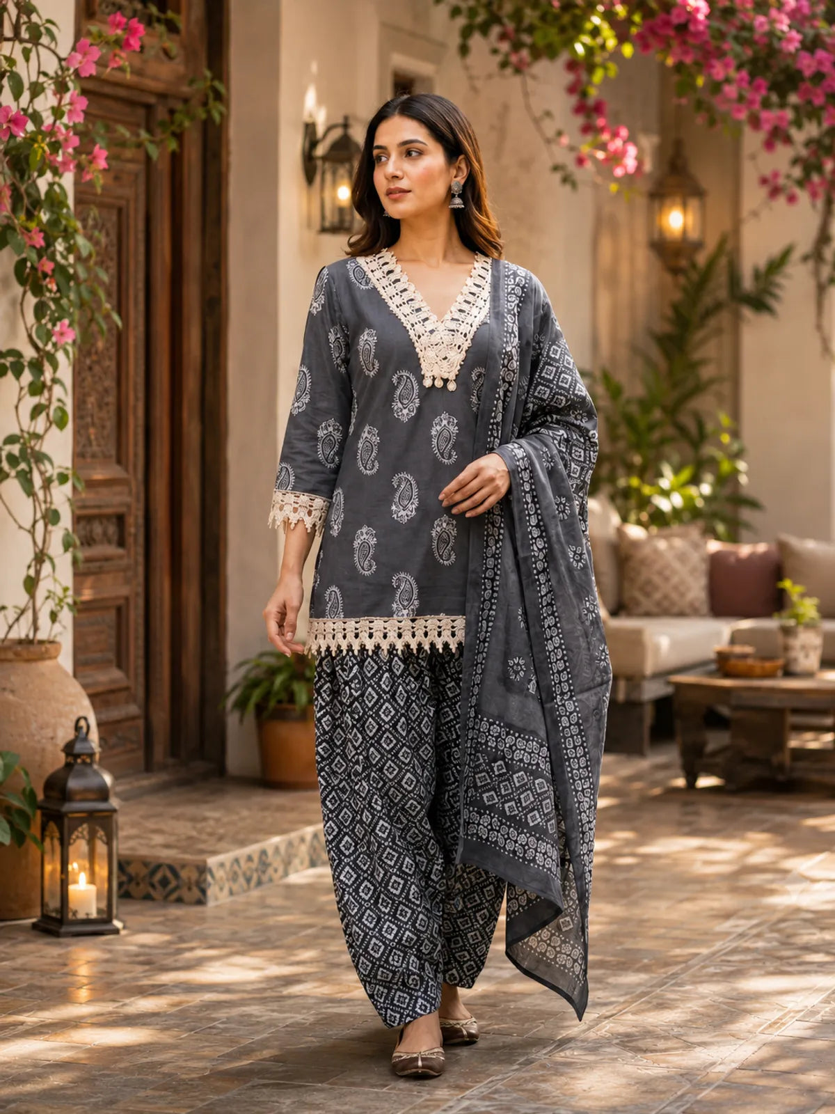 Premium Cotton Kurta Palazzo Set with Dupatta and Lace Detailing