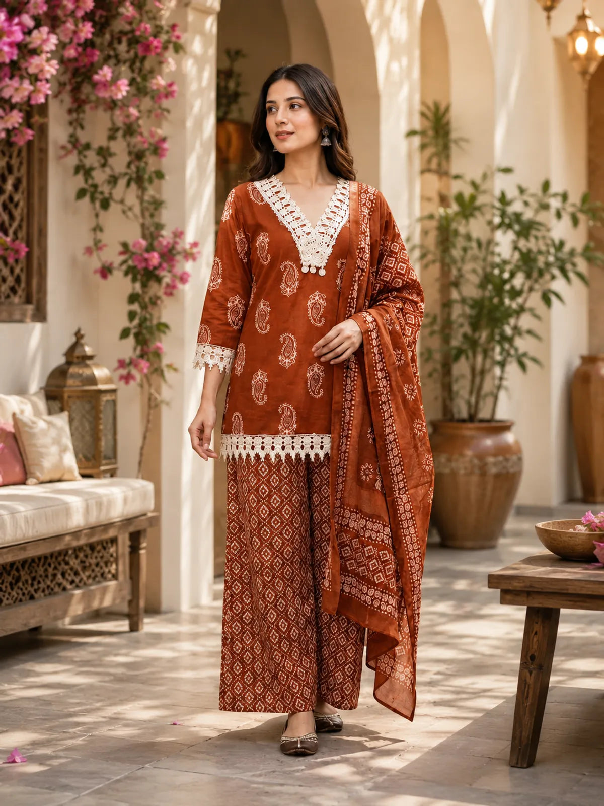 Premium Cotton Kurta Palazzo Set with Dupatta and Lace Detailing