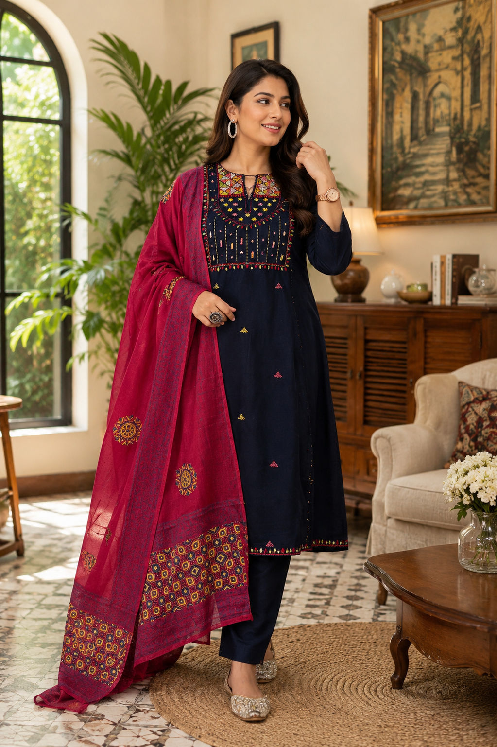 Women Cotton Embroidered Mirror Work Kurta Pant Dupatta Set