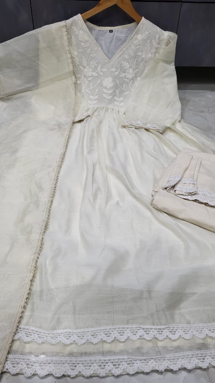 Premium embroidered anarkali gown set with lace detailing and coordinated pant and dupatta