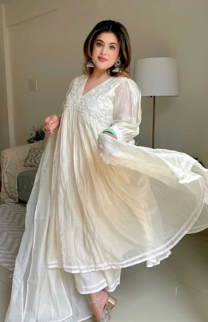 Premium embroidered anarkali gown set with lace detailing and coordinated pant and dupatta
