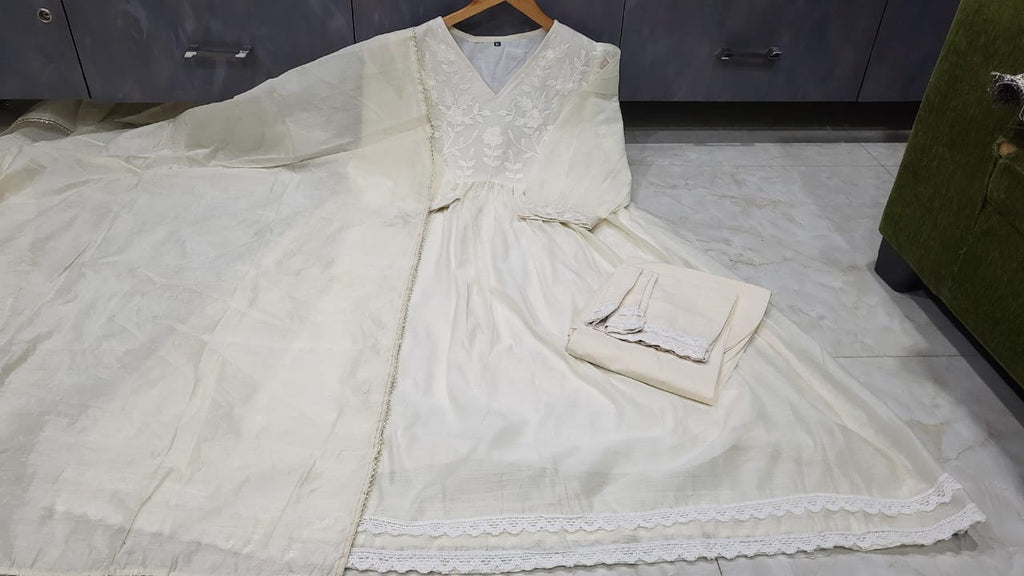 Premium embroidered anarkali gown set with lace detailing and coordinated pant and dupatta