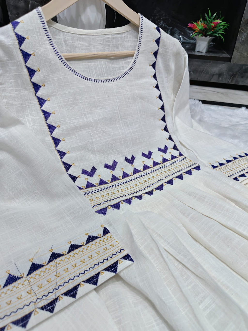 Premium Women's Cotton Slub Embroidered A-Line Kurta Pant Set