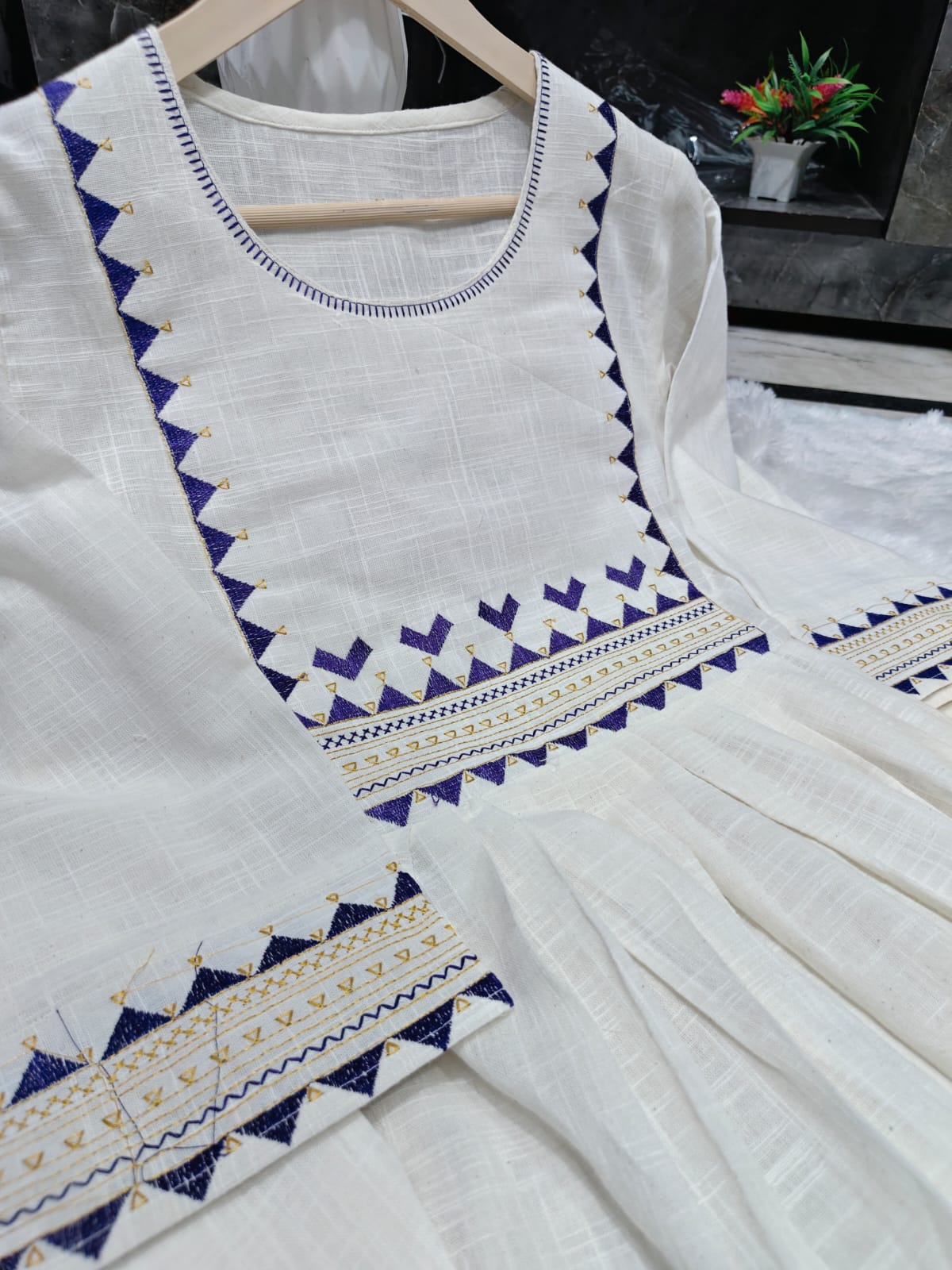 Premium Women's Cotton Slub Embroidered A-Line Kurta Pant Set