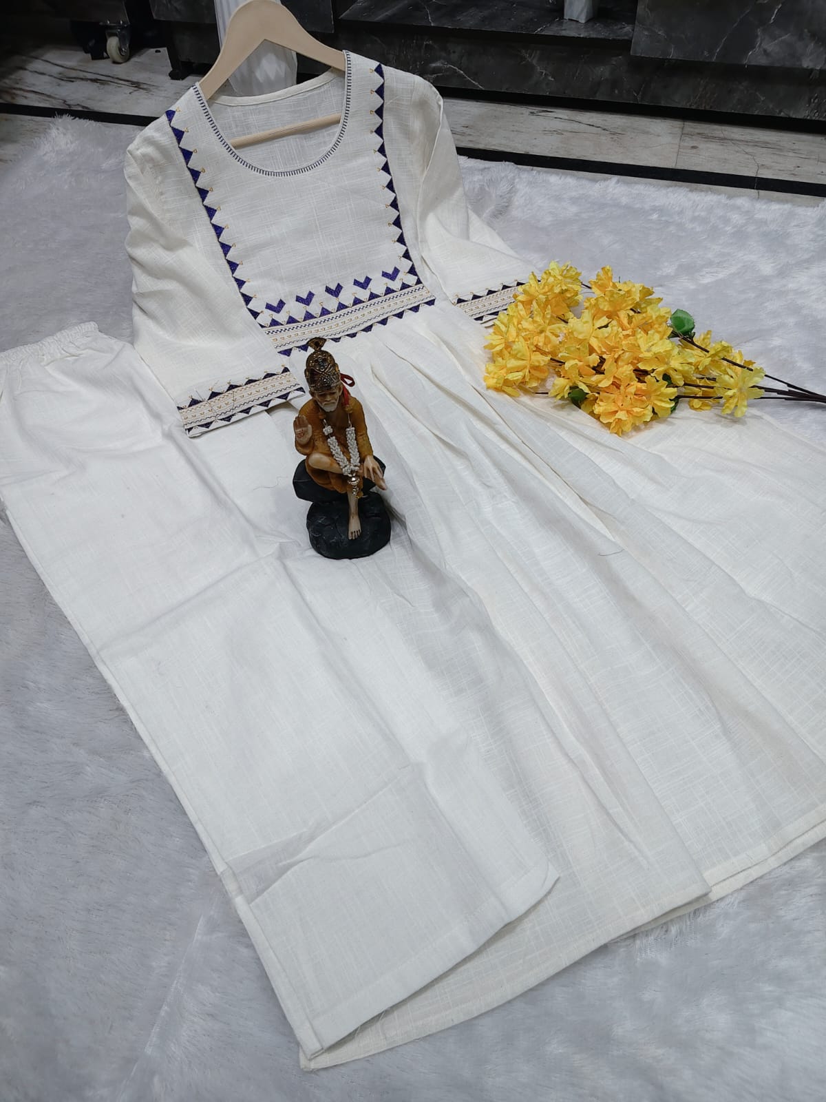 Premium Women's Cotton Slub Embroidered A-Line Kurta Pant Set