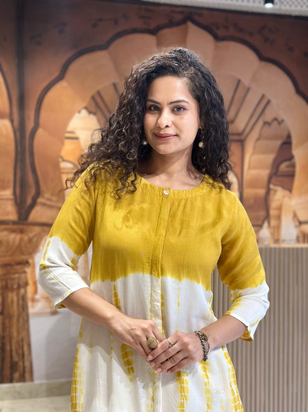 Premium Tie-dye Cotton Kurti Pant Set - Yellow