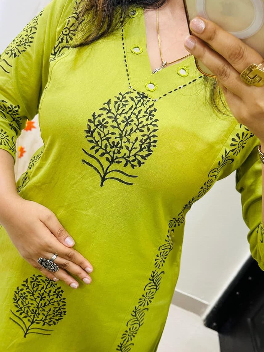 Designer Cotton Kurti Pant Set with Hand Block Print and Mirror Detailing — Elegant Two-Piece Ensemble for Festive and Everyday Wear