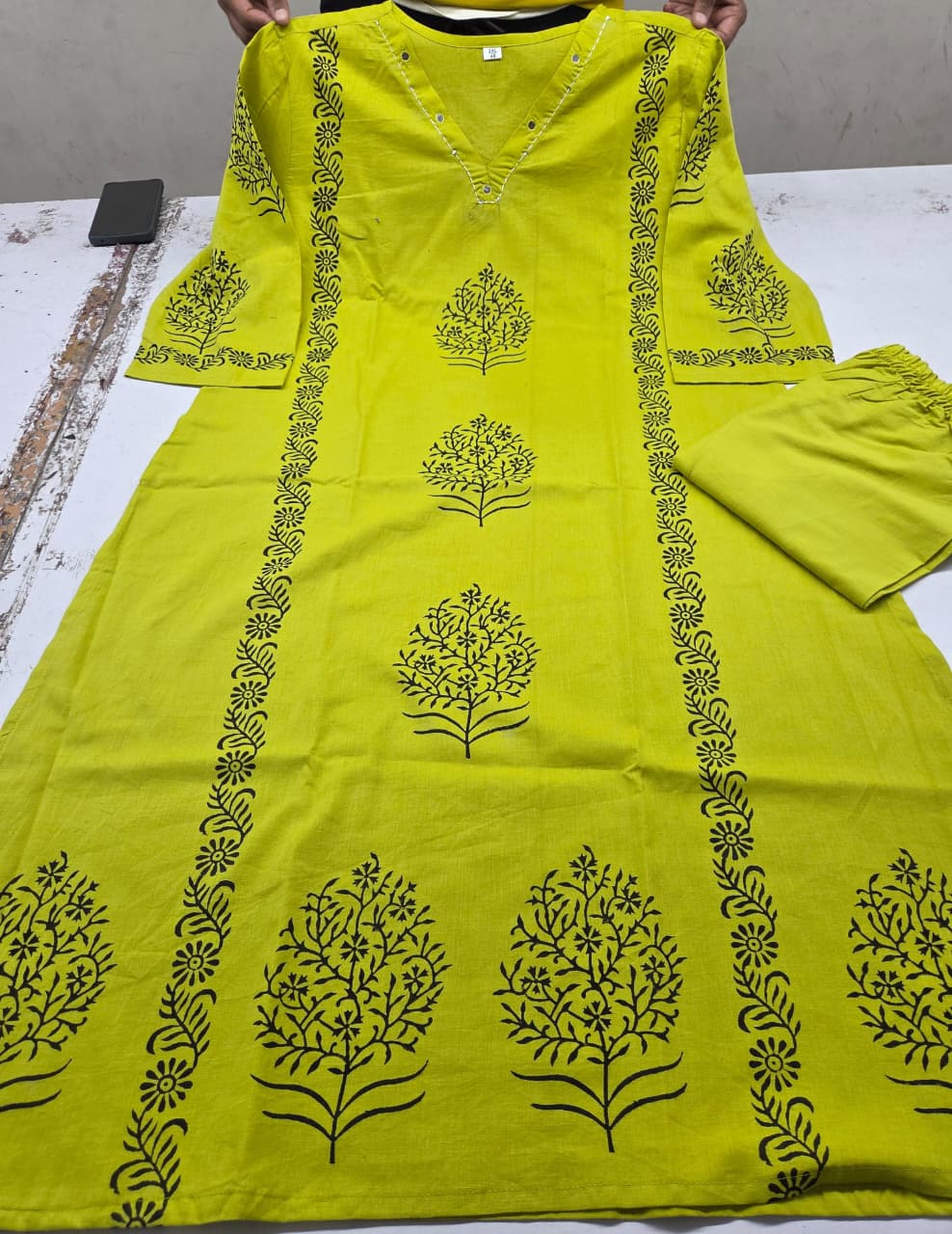Designer Cotton Kurti Pant Set with Hand Block Print and Mirror Detailing — Elegant Two-Piece Ensemble for Festive and Everyday Wear
