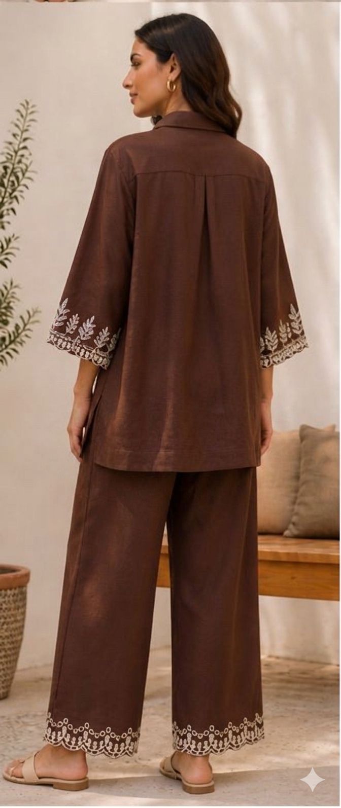 Women Premium Cotton Co-Ord Set with Embroidered Shirt Style Top and Palazzo Pants