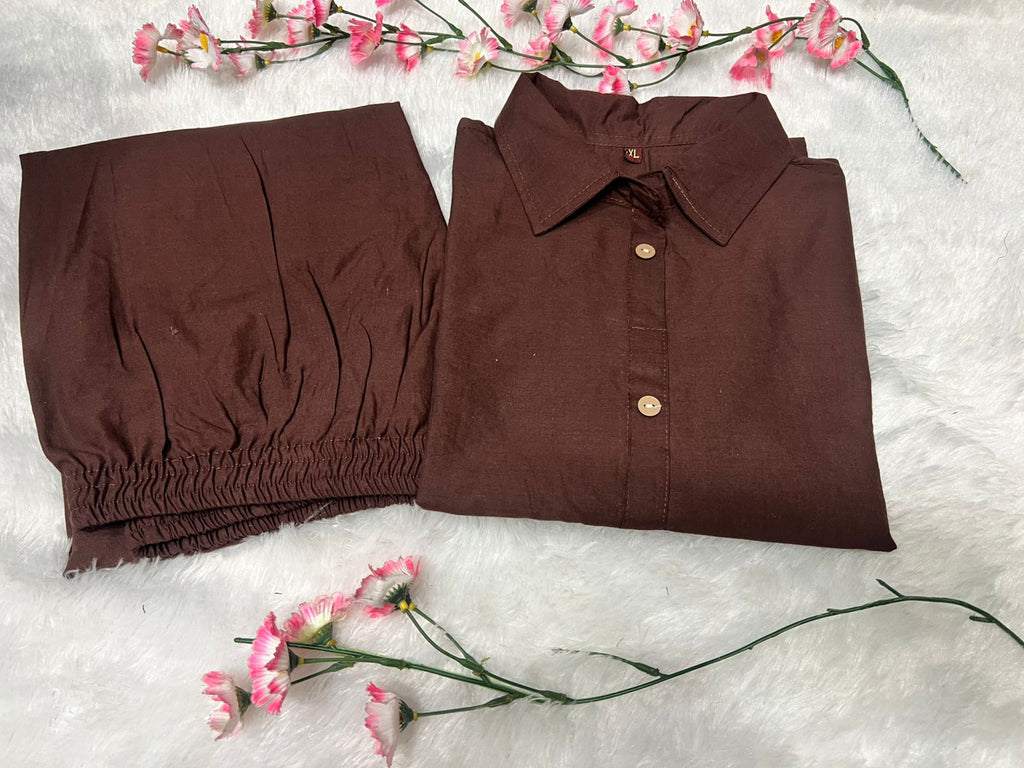 Women Premium Cotton Co-Ord Set with Embroidered Shirt Style Top and Palazzo Pants
