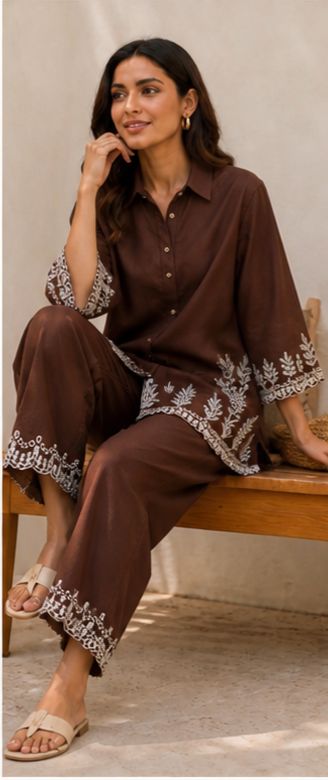Women Premium Cotton Co-Ord Set with Embroidered Shirt Style Top and Palazzo Pants